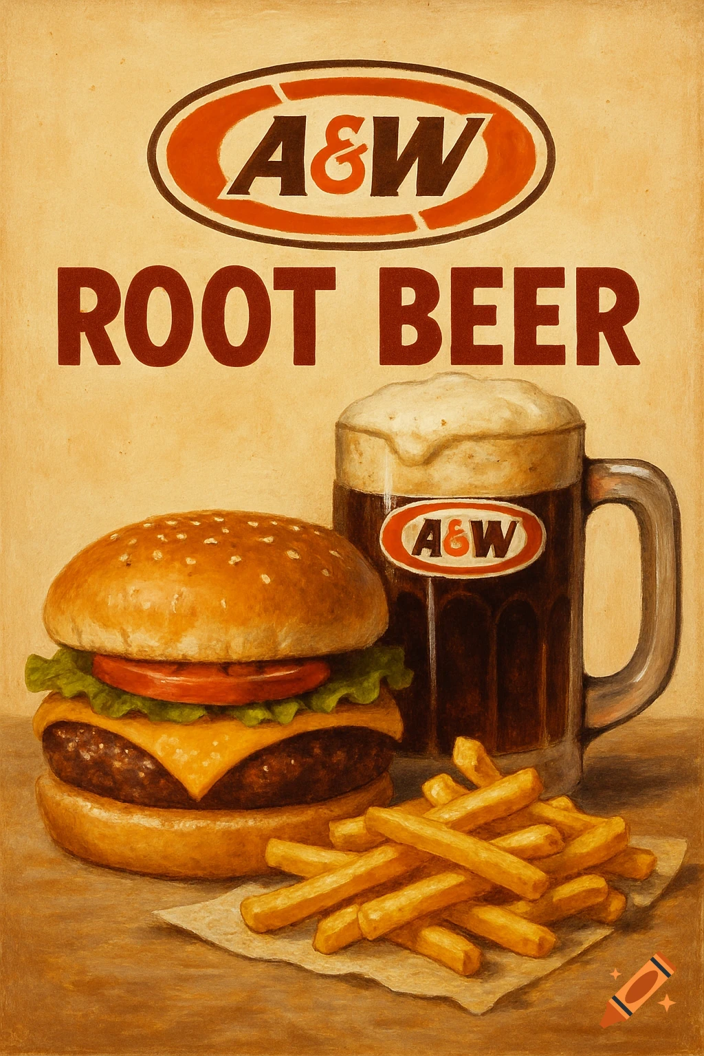 A vintage-style illustration of a hamburger, fries, and A&W root beer mug with text.