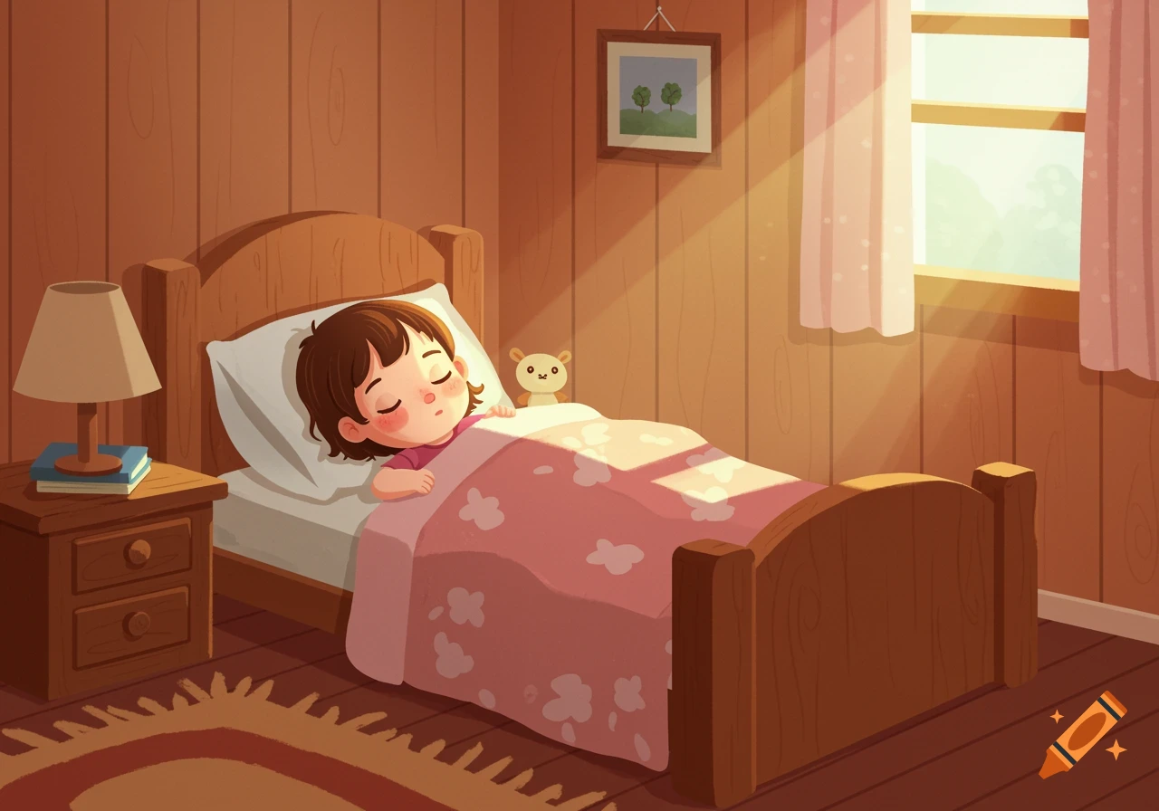A cartoon child sleeps in a sunny bedroom with wooden walls, vector animation style.