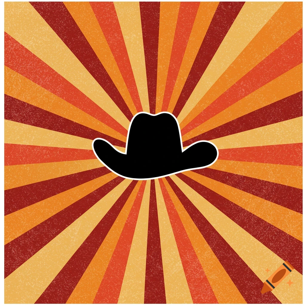 Black cowboy hat silhouette on a red, orange, and yellow sunburst background illustration.