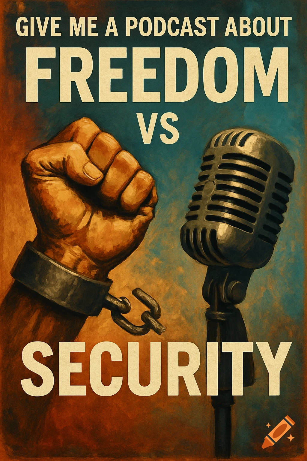Poster art of a shackled fist opposing a microphone, with text 'GIVE ME A PODCAST ABOUT FREEDOM VS SECURITY'.