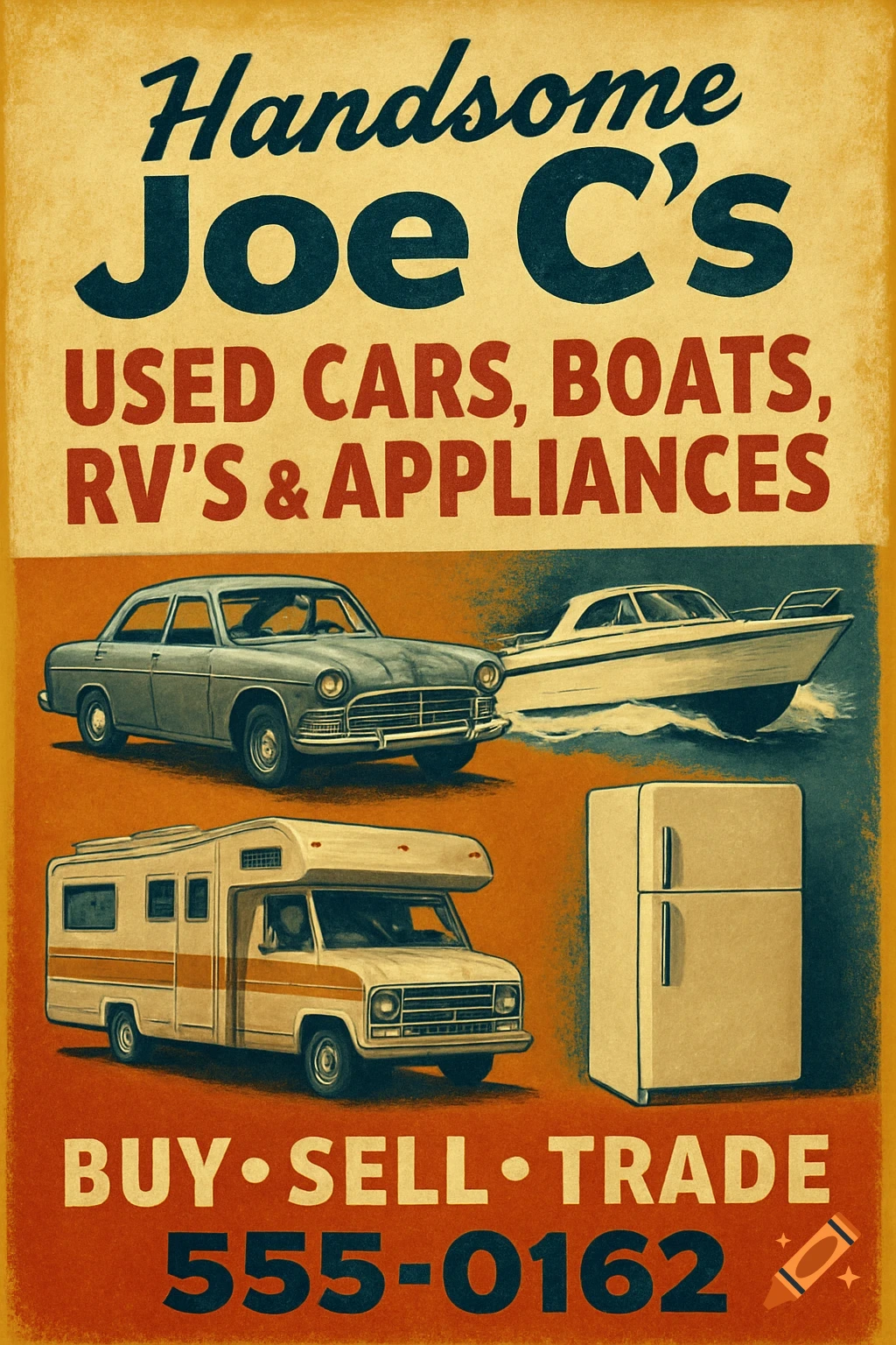 Vintage poster ad for used cars, boats, RVs, and appliances.