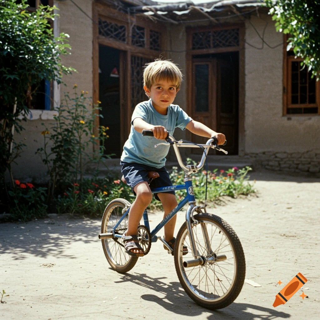 A young boy rides a blue bicycle outside a building, vintage photo