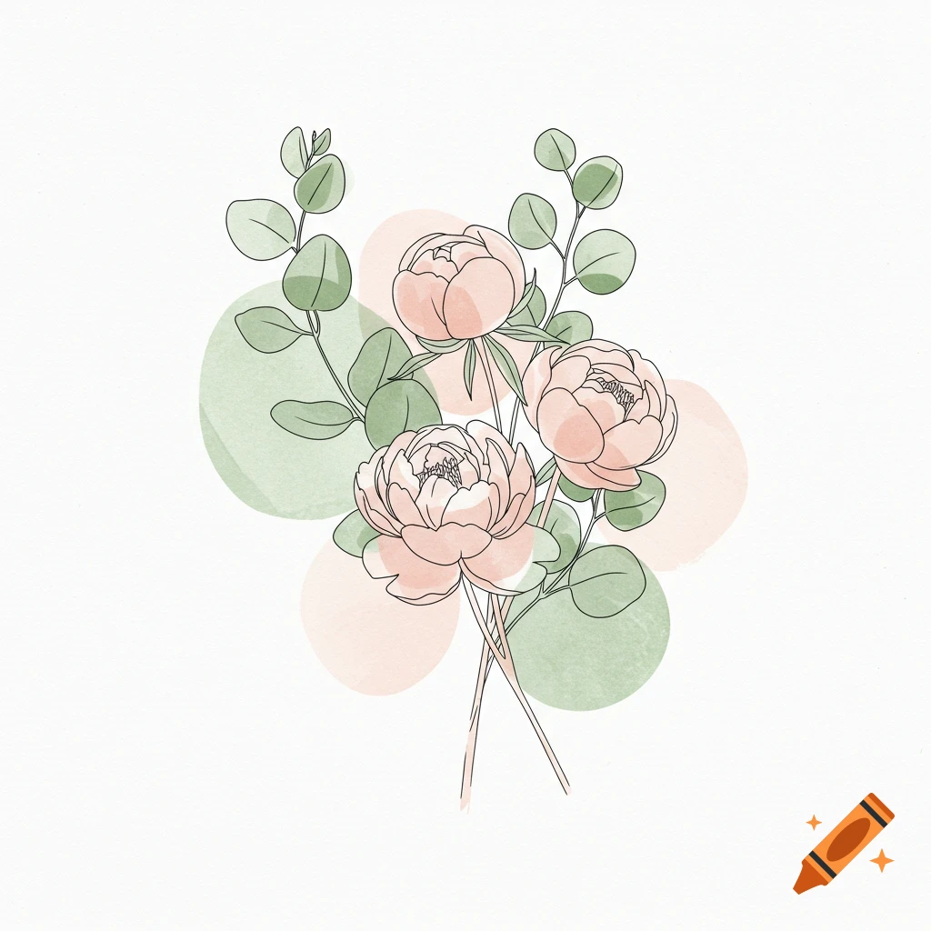 Minimalist line art of pink peonies and eucalyptus stems with soft green and pink watercolor washes on a white background.