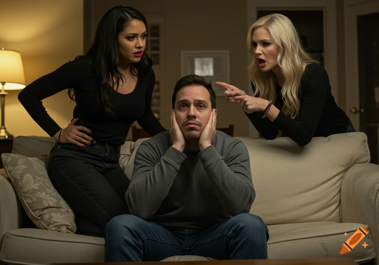 A man sits on a couch looking stressed as two women stand over him appearing to scold him. Photorealistic style.