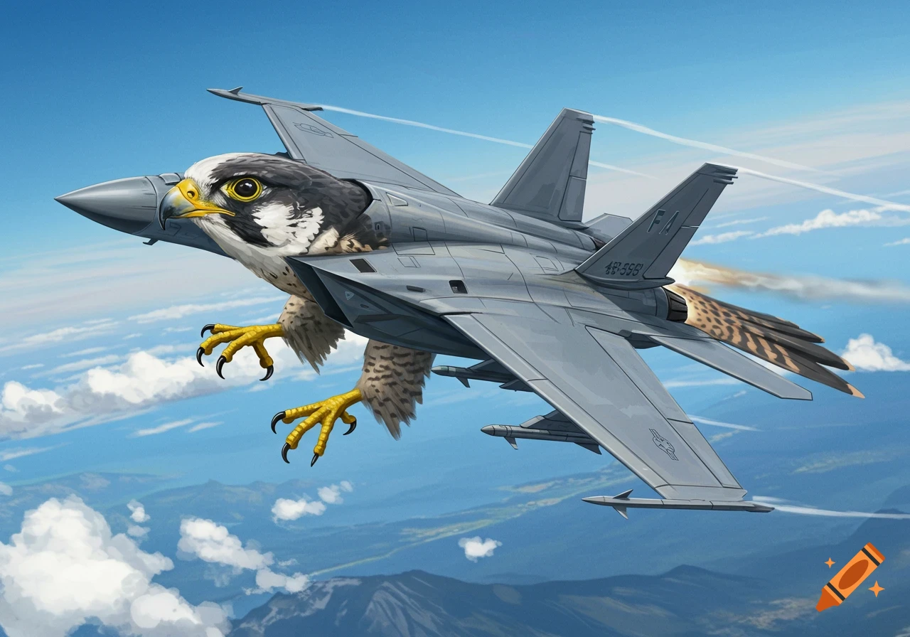 A hybrid fighter jet and falcon with large talons flies through a cloudy sky.