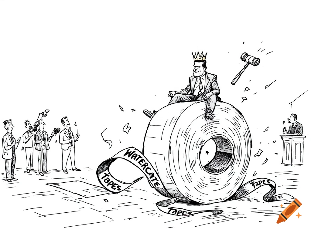A black and white political cartoon sketch shows Richard Nixon wearing a crown and sitting on a large roll of tape labeled 'Watergate Tapes'. Reporters watch, and a gavel falls.