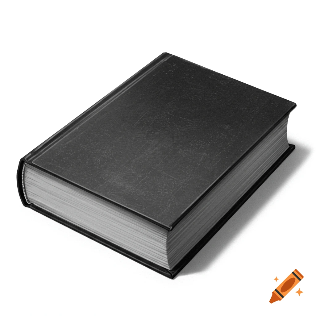 A closed black book lies on a white background, viewed from an angle.