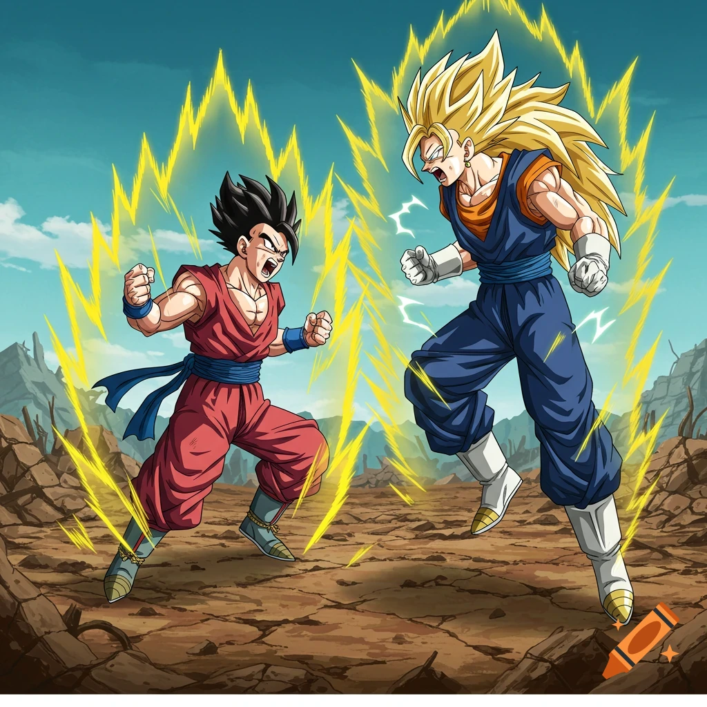 Dragon Ball Z characters Ultimate Gohan and Super Saiyan 3 Vegito power up in an anime style.
