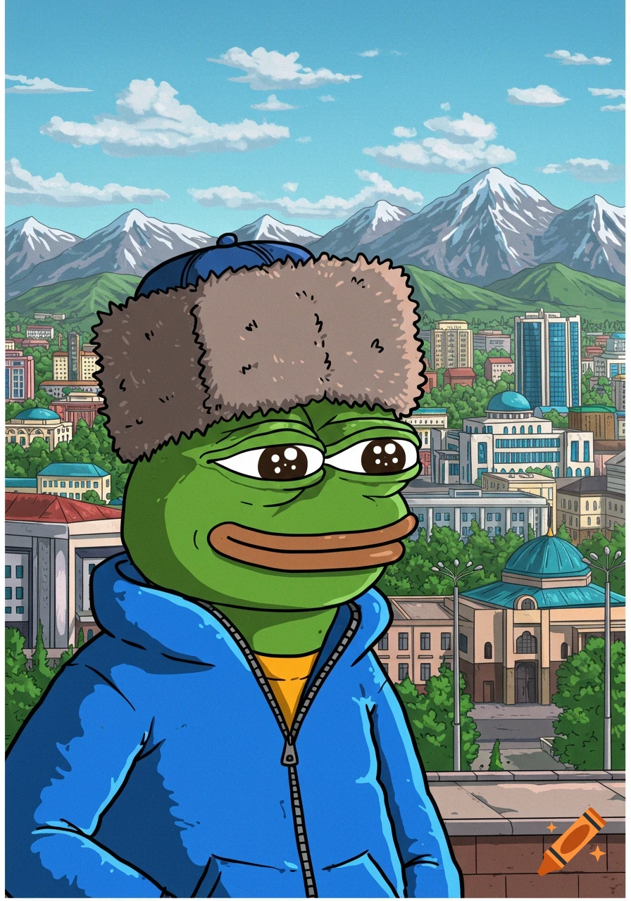 Cartoon Pepe the Frog in a furry hat and blue hoodie overlooks a city with mountains.