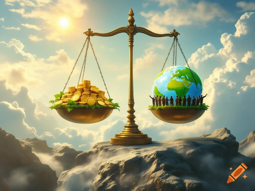 A grand balance scale in the sky with coins on one side and the Earth with people on the other.