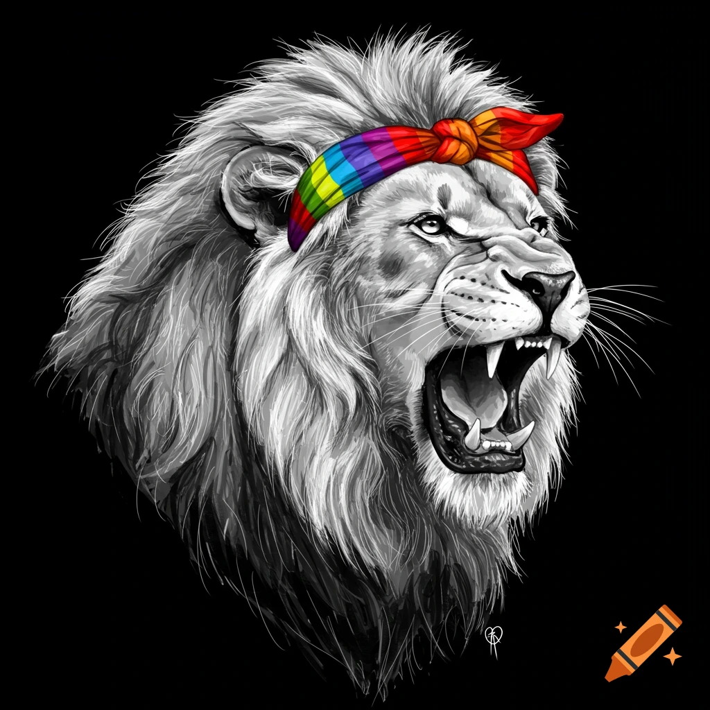 Black and white watercolor illustration of a roaring lion wearing a rainbow bandana