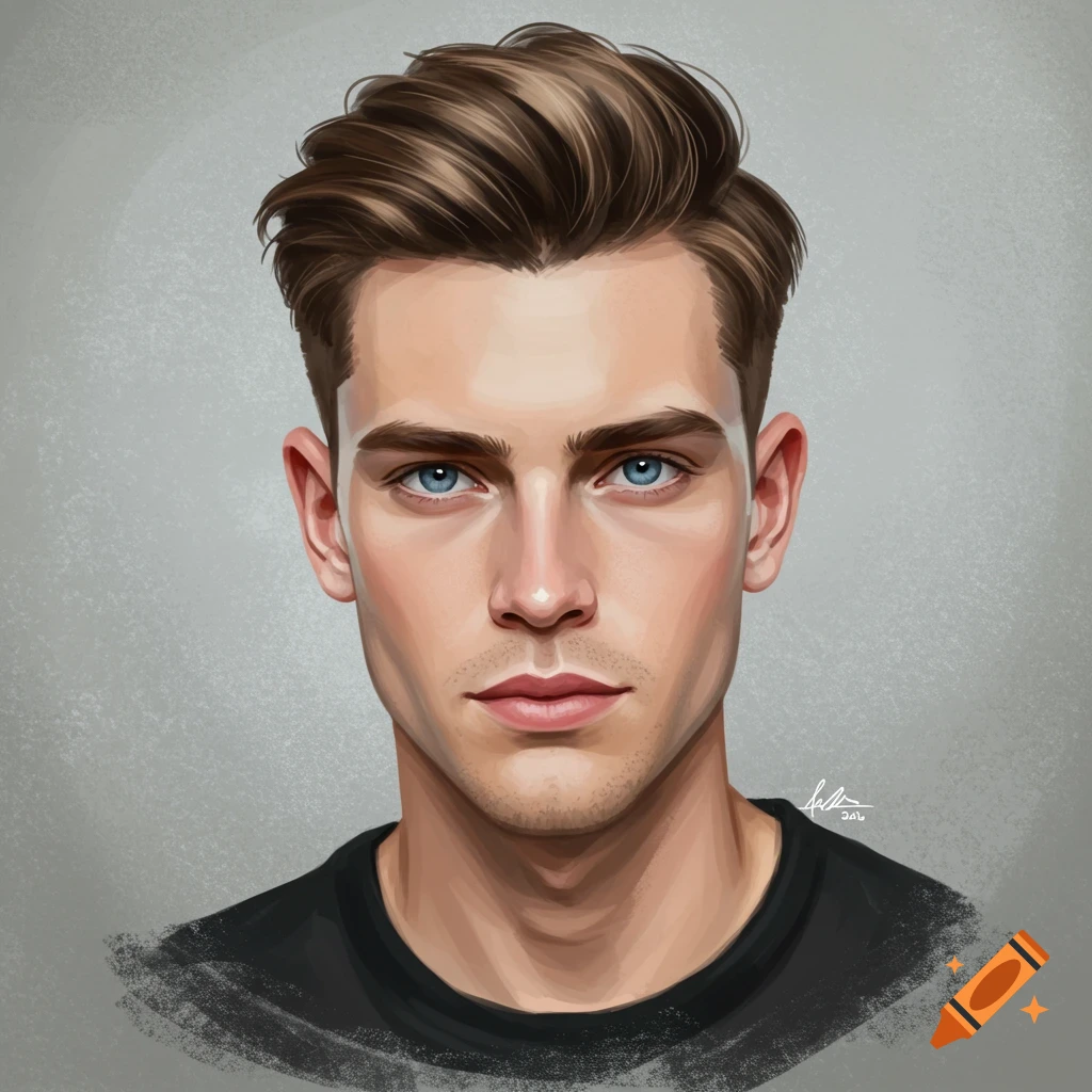 Digital portrait of a young white man with brown hair and blue eyes.