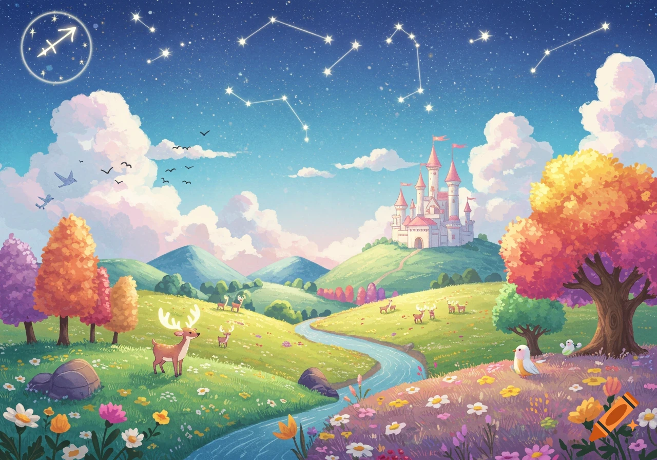 Colorful fantasy landscape illustration with a castle, river, deer, flowers, and starry sky featuring constellations including Sagittarius.