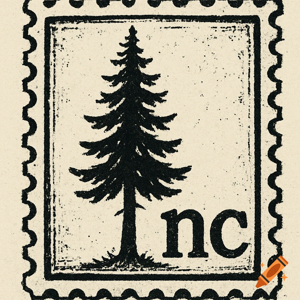 Black and white illustration of a pine tree on a postage stamp design with the letters nc below.