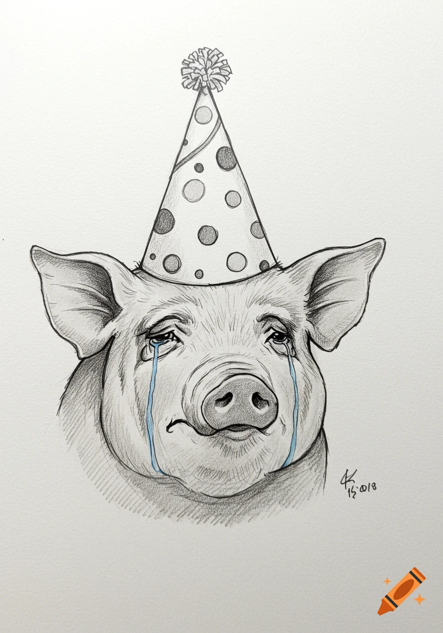 Pencil drawing of a crying pig wearing a polka dot party hat.