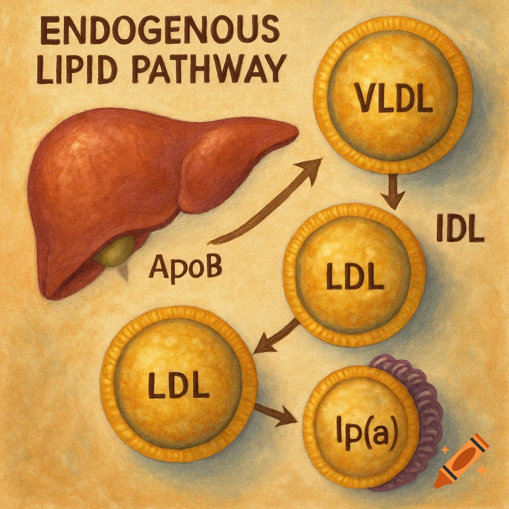 Illustration of the endogenous lipid pathway showing the liver, ApoB, VLDL, IDL, LDL, and lp(a).
