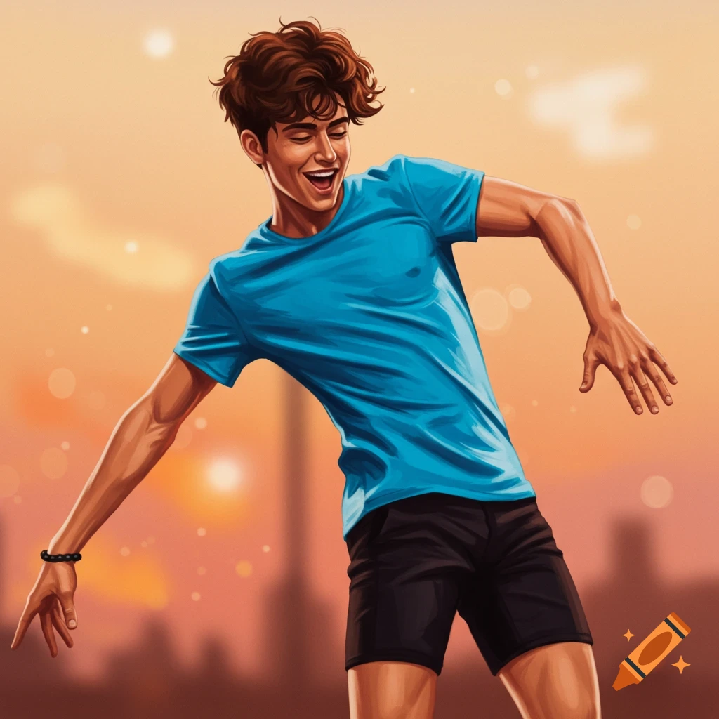 Digital illustration of a man dancing joyfully against a sunset background.