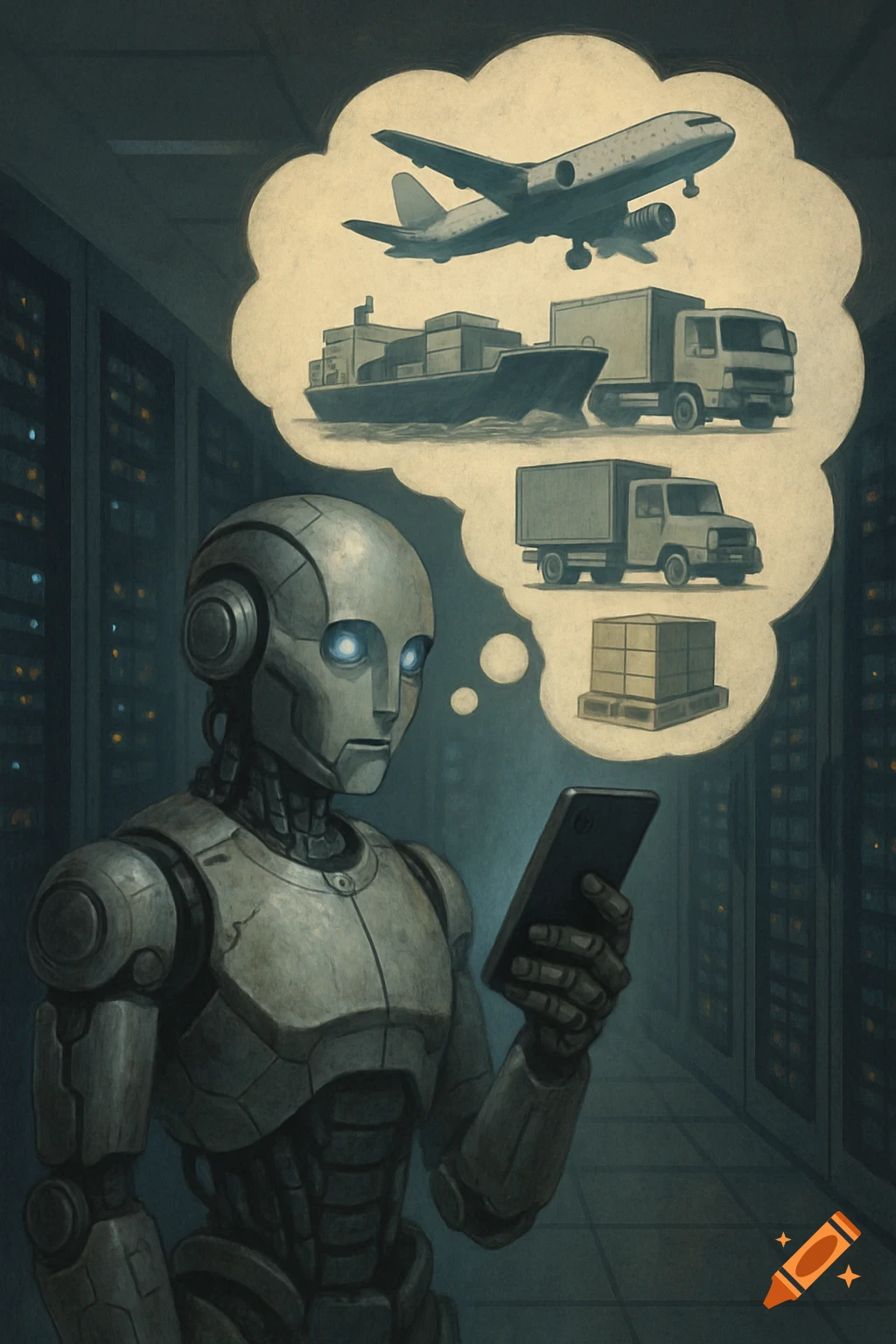 A robot in a data center looks at a phone, thinking about logistics including planes, ships, and trucks.