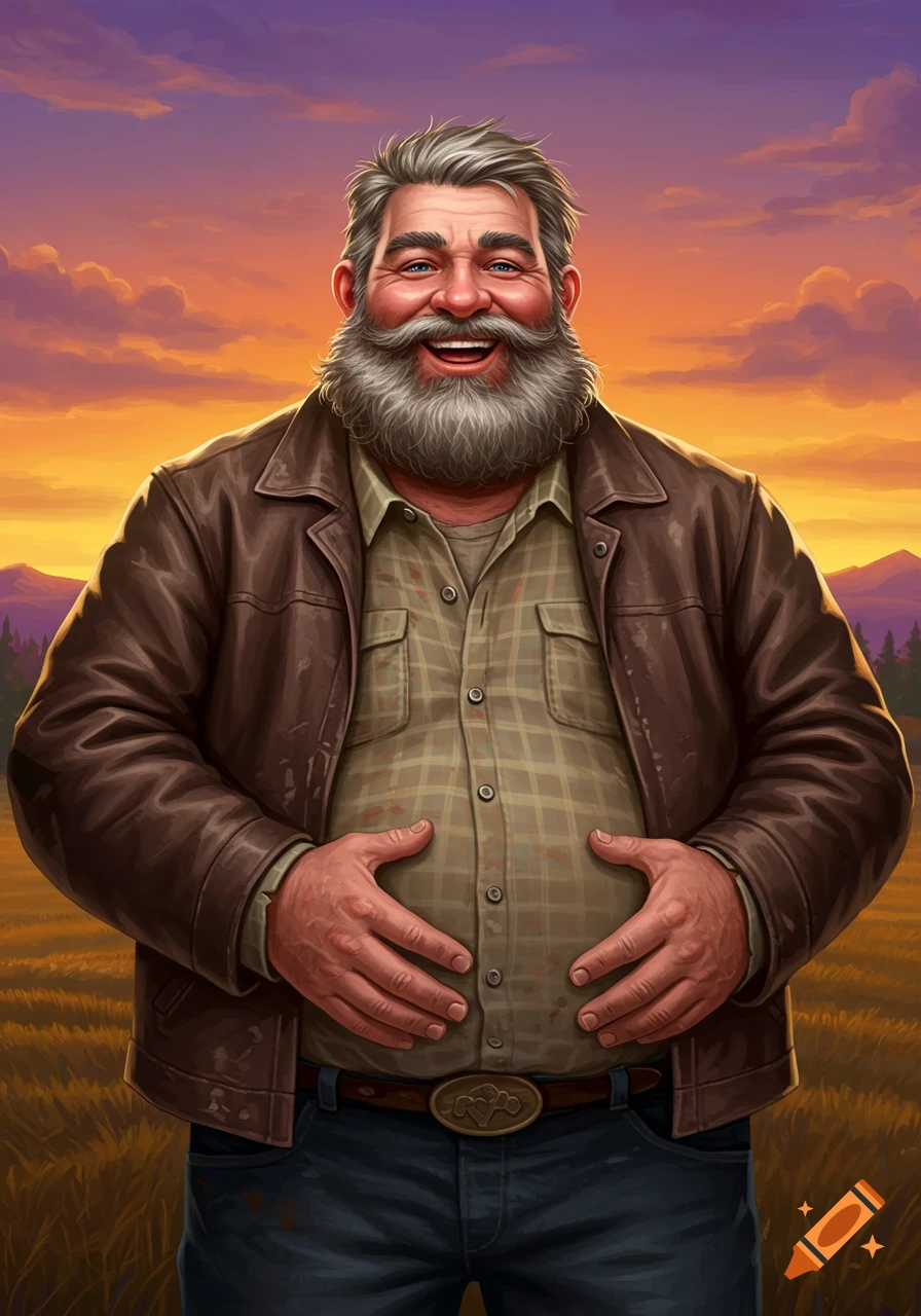 A happy man with a big belly and beard smiles, wearing a plaid shirt and leather jacket, standing in a field at sunset.