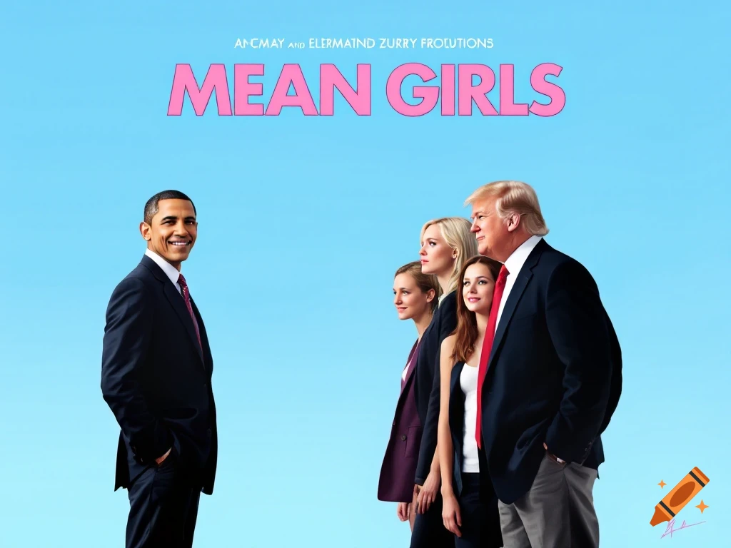 Parody movie poster for Mean Girls with Obama, Trump, and three women on a blue background.