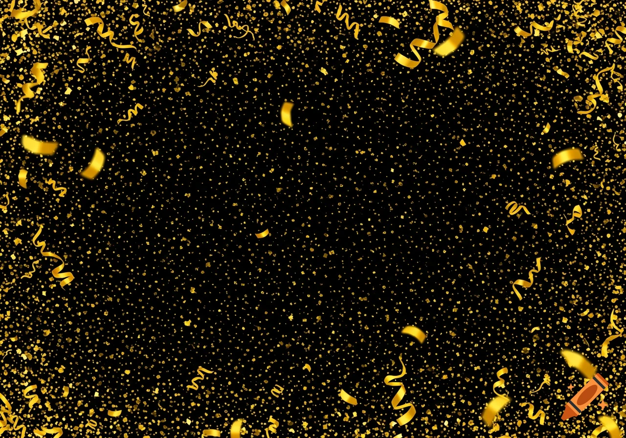 Gold confetti and ribbons scattered on a black background