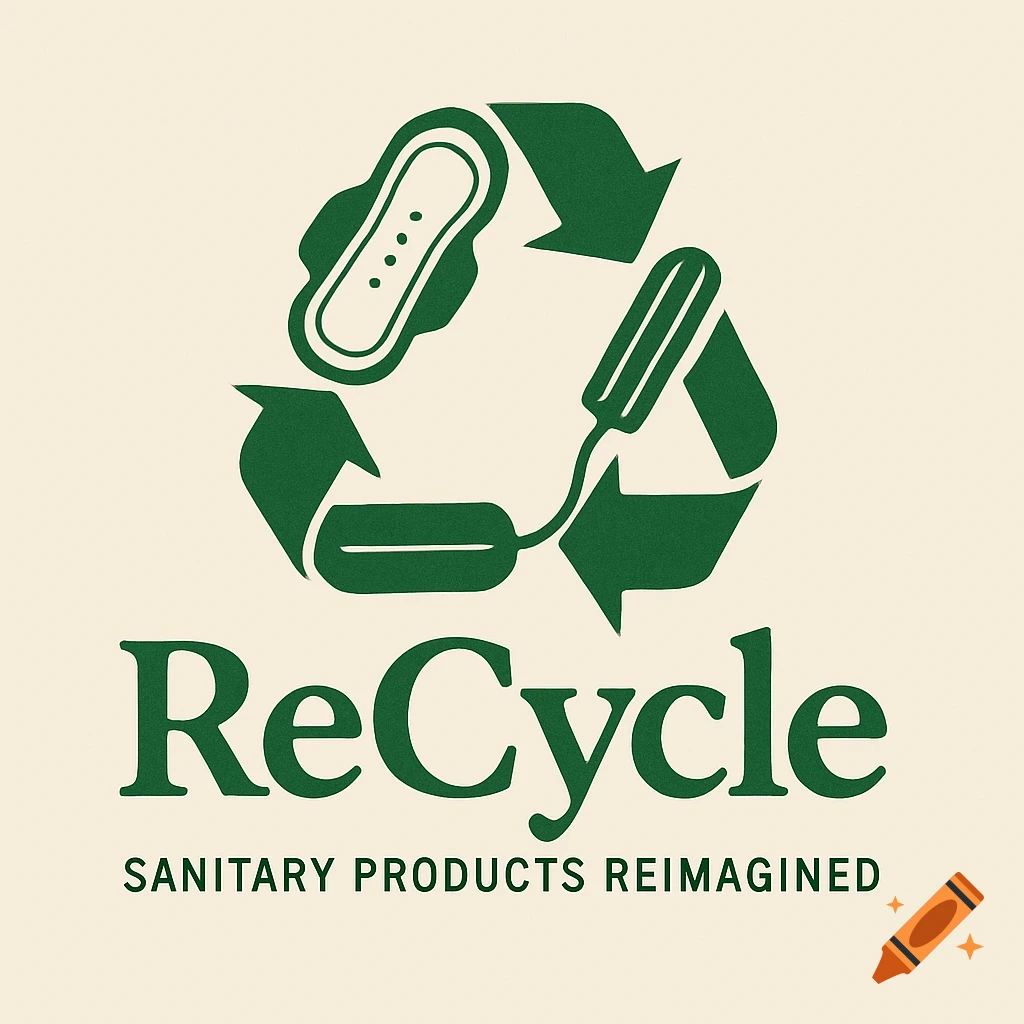 Logo featuring a green recycling symbol made of sanitary products (pad and tampon) with the text 'ReCycle' and 'Sanitary products Reimagined'.