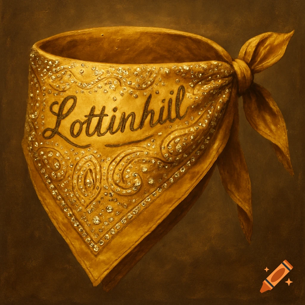 A golden bandana with gems and the word Lottinhill, tied in a knot.