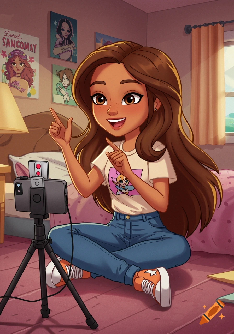Cartoon teenager girl vlogging on a phone in her bedroom.