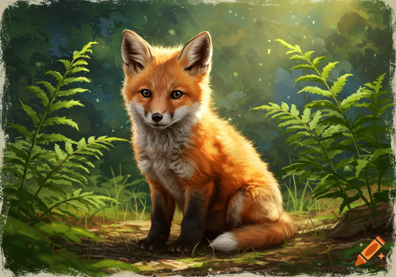 A cute baby fox sits on the ground in a forest clearing, surrounded by ferns, in a digital painting style.