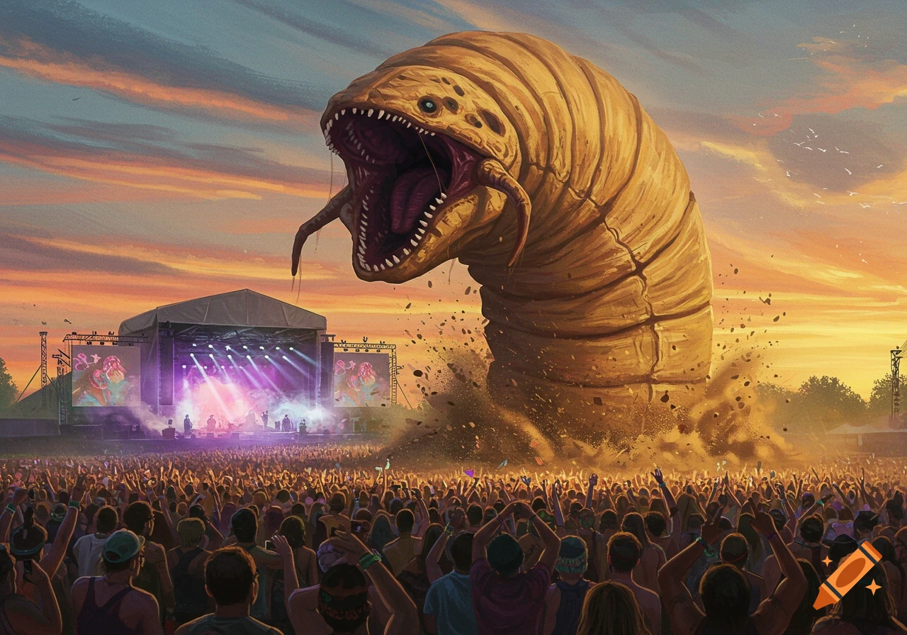 Giant sandworm emerges behind a music festival stage as a crowd watches at sunset.