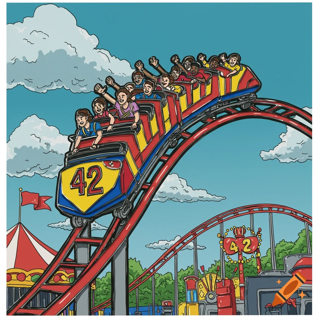 Illustration of happy people riding a roller coaster at an amusement park.