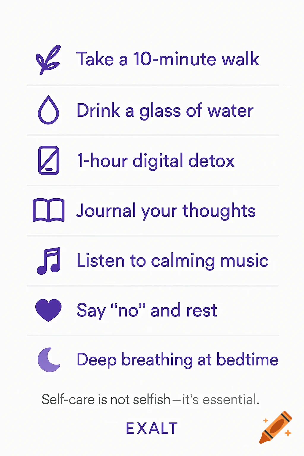 Checklist of self-care tips with icons.