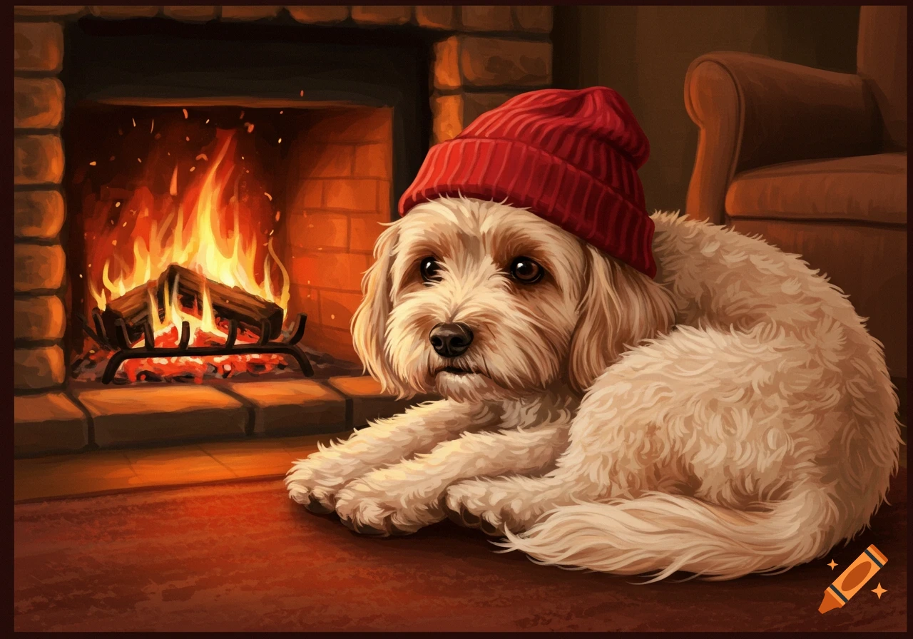A fluffy dog wearing a red beanie curls up by a warm fireplace.