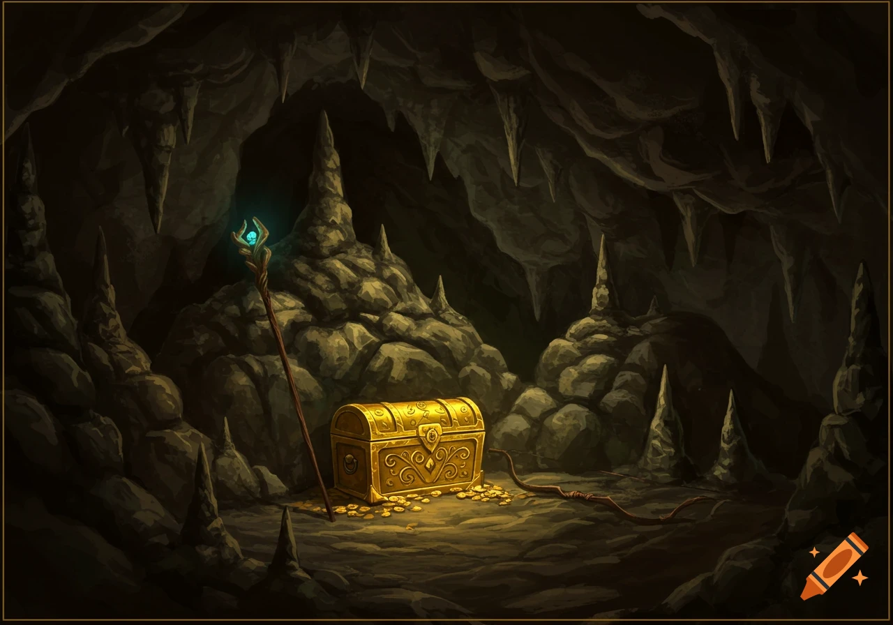 A golden treasure chest and a staff lie on the floor of a dark, mysterious cave.