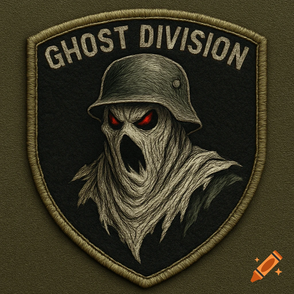 Embroidered military patch featuring a ghost in a helmet with red eyes and the text 'GHOST DIVISION'