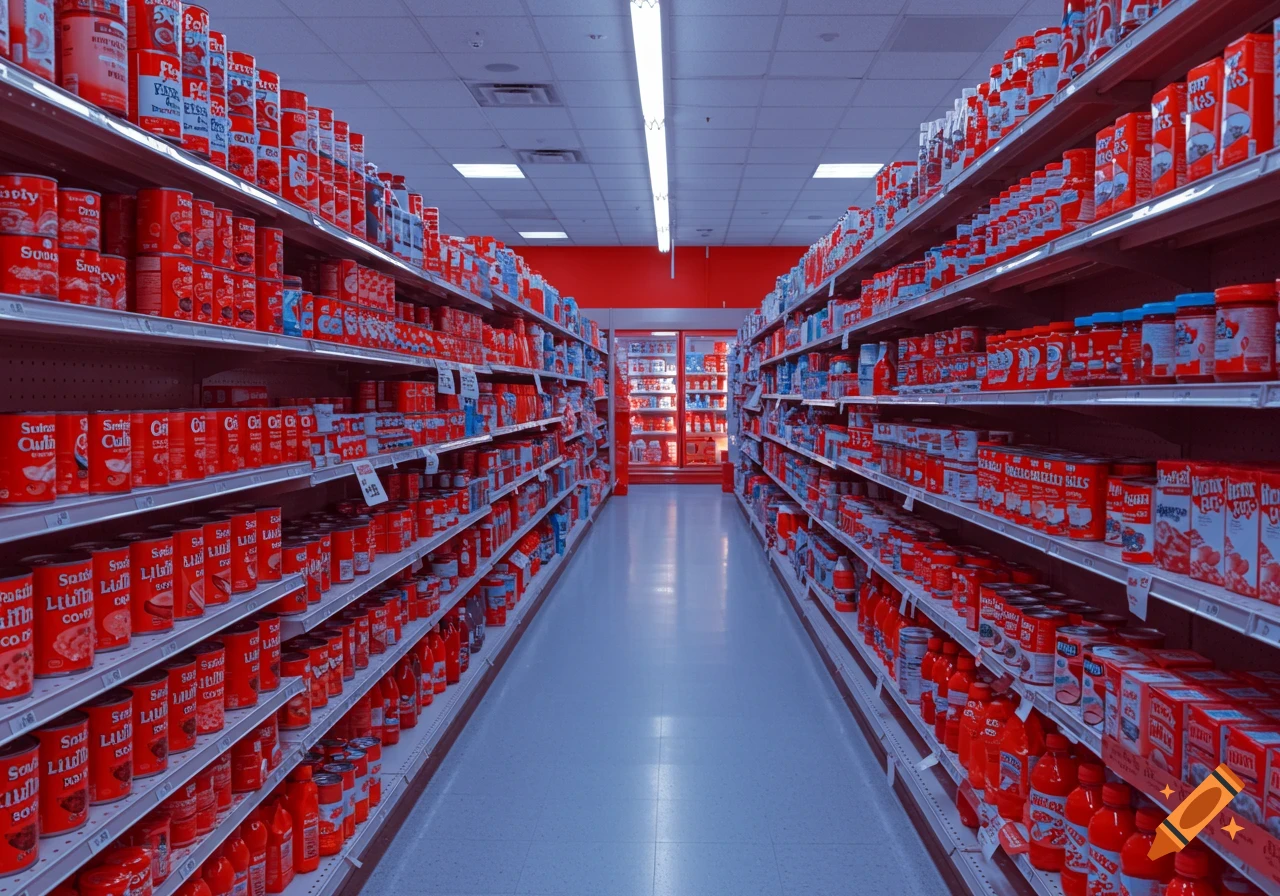 Aisle in a grocery store filled with red and blue items.