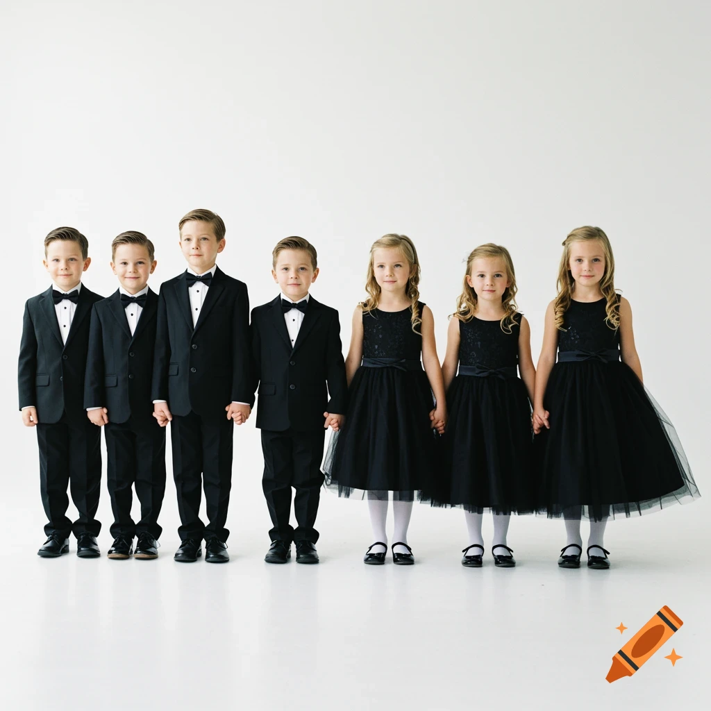 Seven children, four boys in tuxedos and three girls in black dresses, stand in a line on a white background.