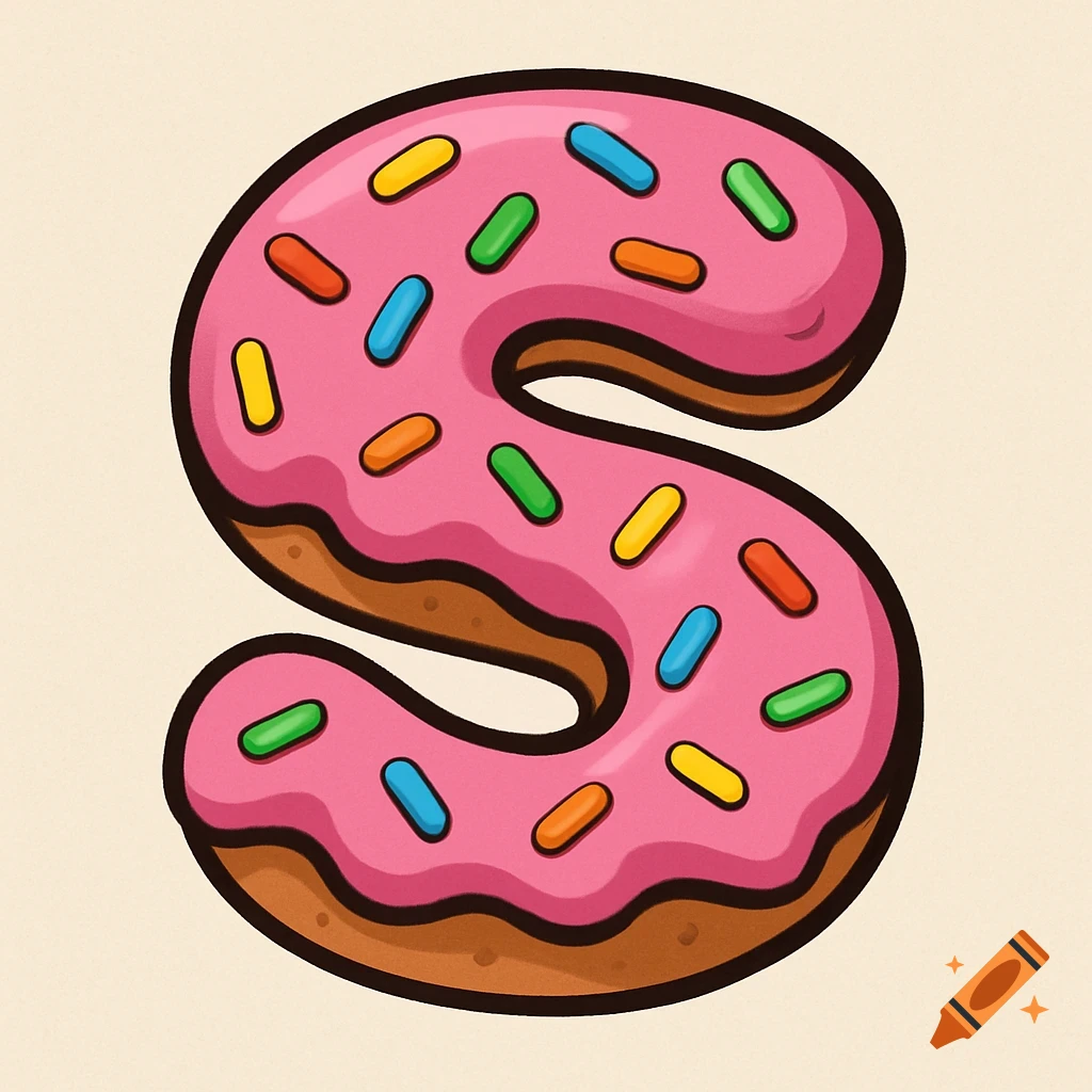 Cartoon letter S shaped like a donut with pink frosting and rainbow sprinkles.