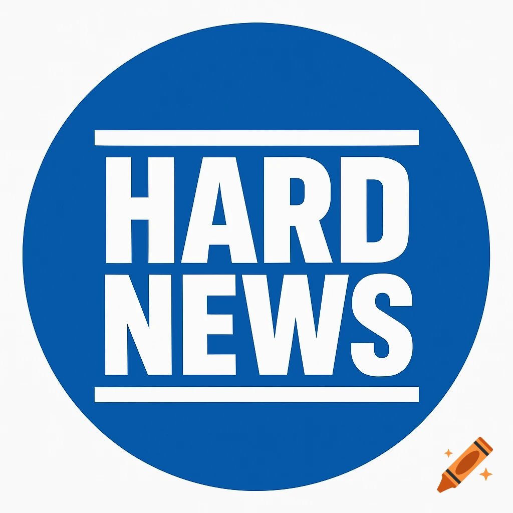 A blue circle logo with the white text "HARD NEWS" and two horizontal white lines.