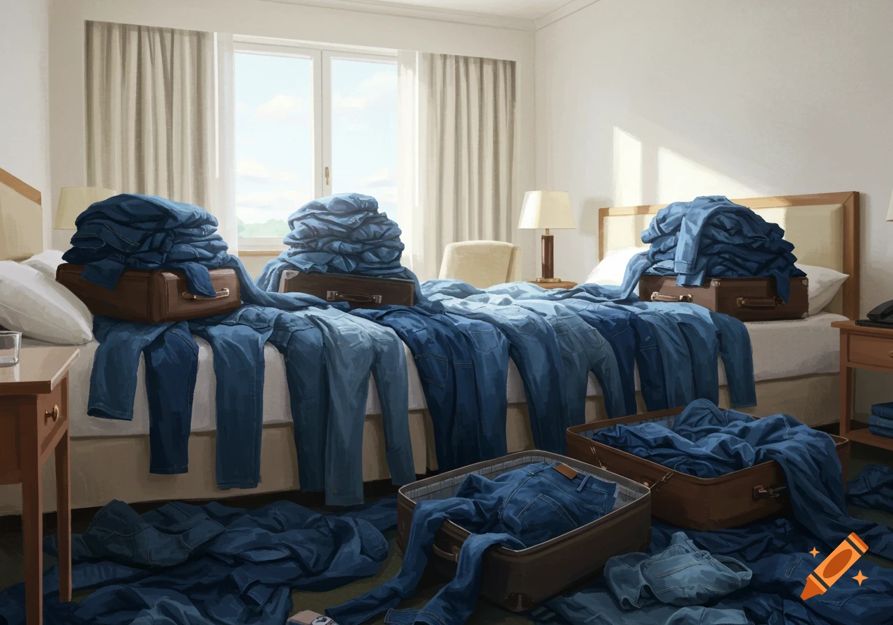 A hotel room filled with piles of blue jeans on the bed, floor, and in suitcases.