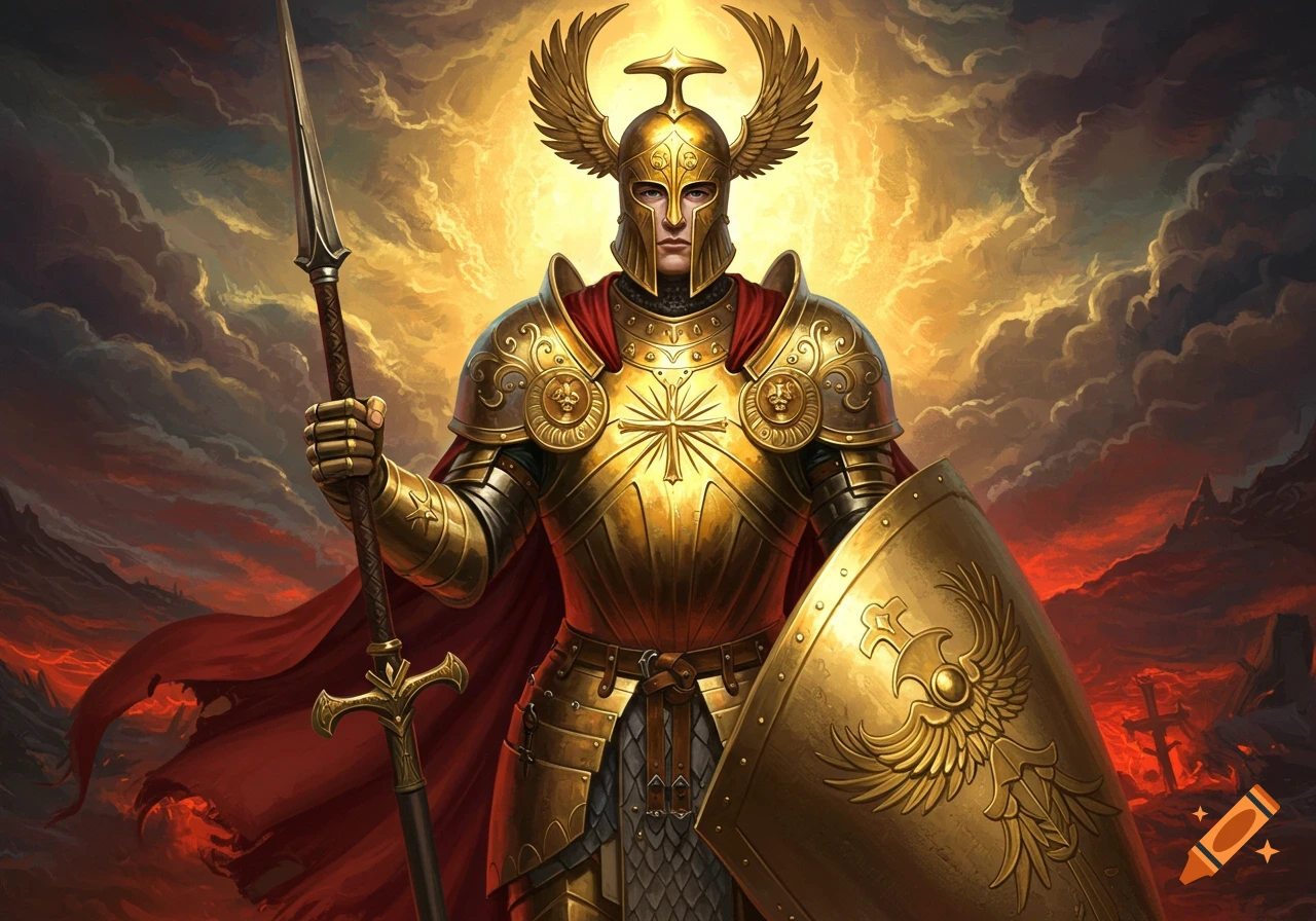 A knight in golden armor with a winged helmet stands holding a spear and shield against a stormy, glowing sky.