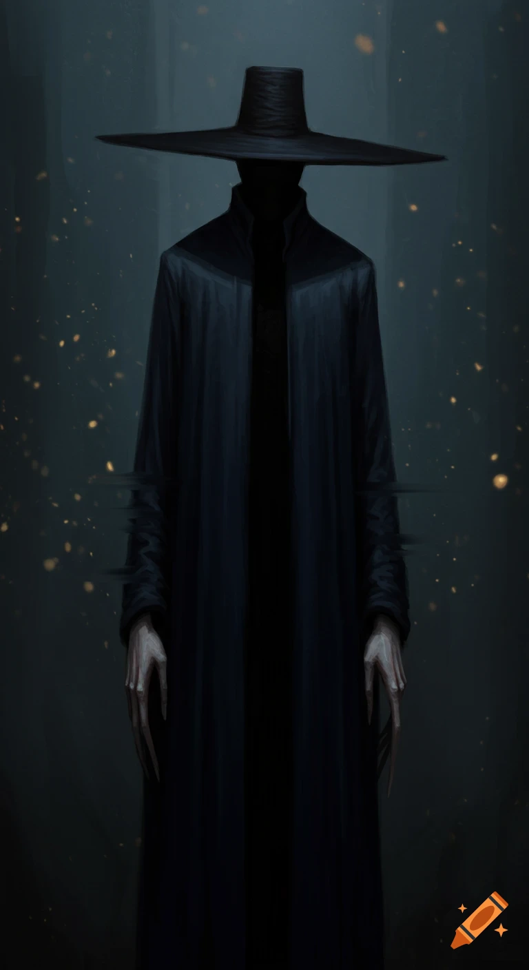 A mysterious figure in a wide-brimmed hat and long cloak stands in the darkness, with long, thin fingers.