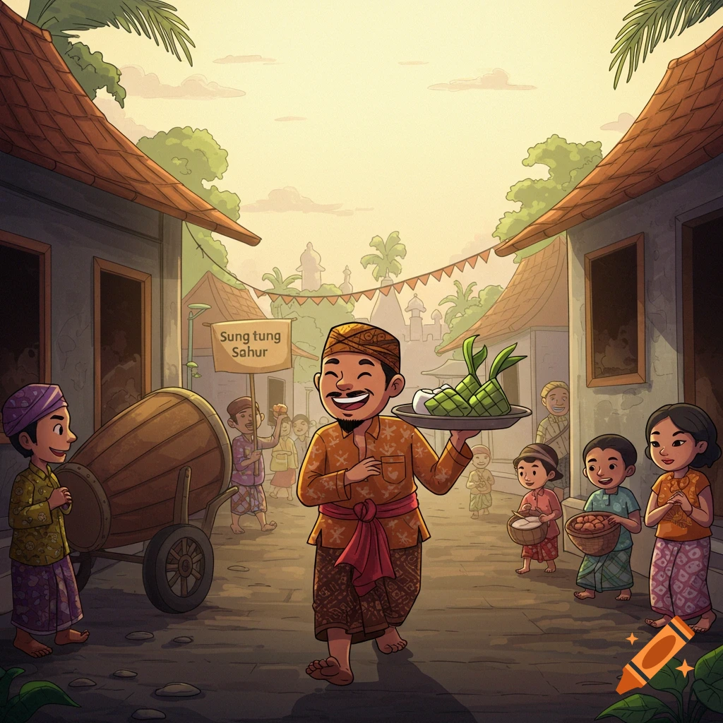 Cartoon illustration of people celebrating Sahur with drum and ketupat in a  village. on Craiyon, image size:1024x1024