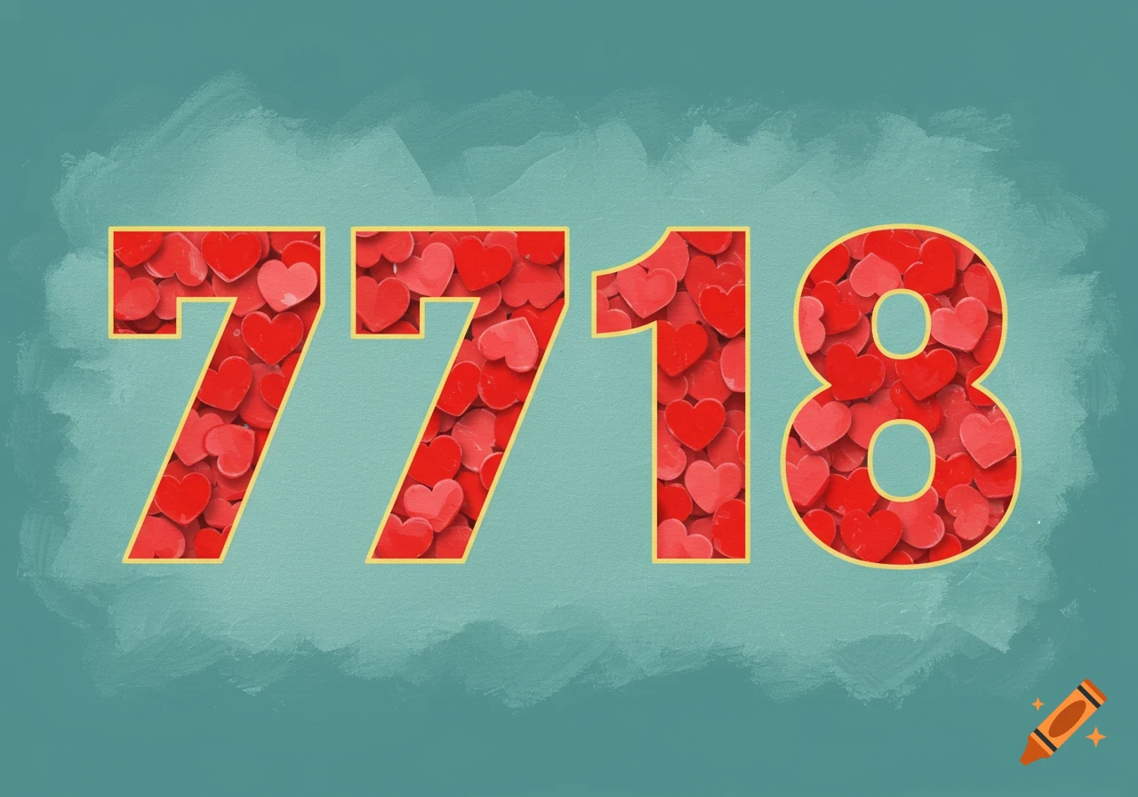 The numbers 7718 filled with red hearts against a textured teal background.