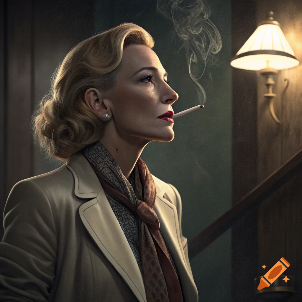 Portrait of Cate Blanchett smoking a cigarette in a dimly lit, cinematic setting.