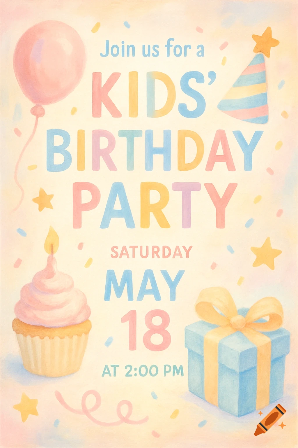 Pastel watercolor birthday invitation with balloon, cupcake, gift, and party details.