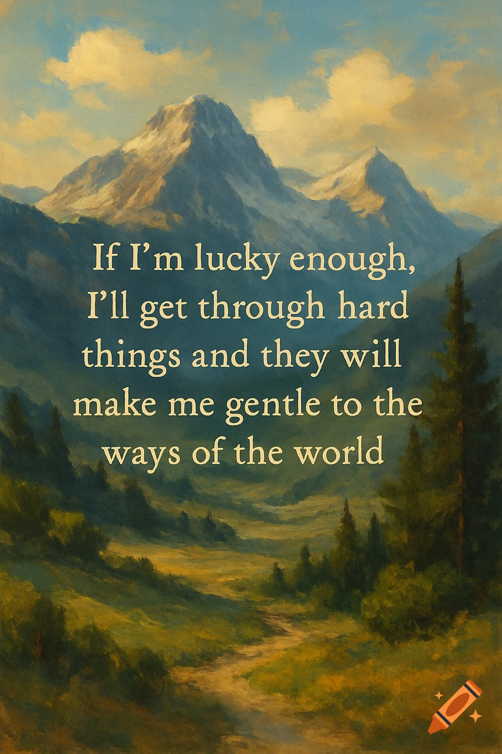 Painting of a mountain landscape with a quote about getting through hard things.