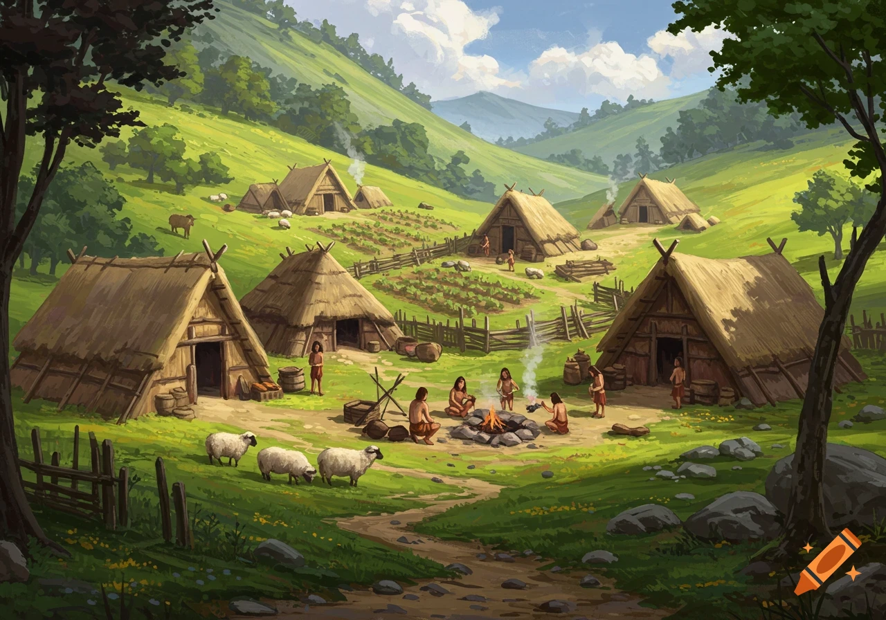 An illustration of a prehistoric village nestled in a green valley, with thatched huts, people, sheep, and crops.