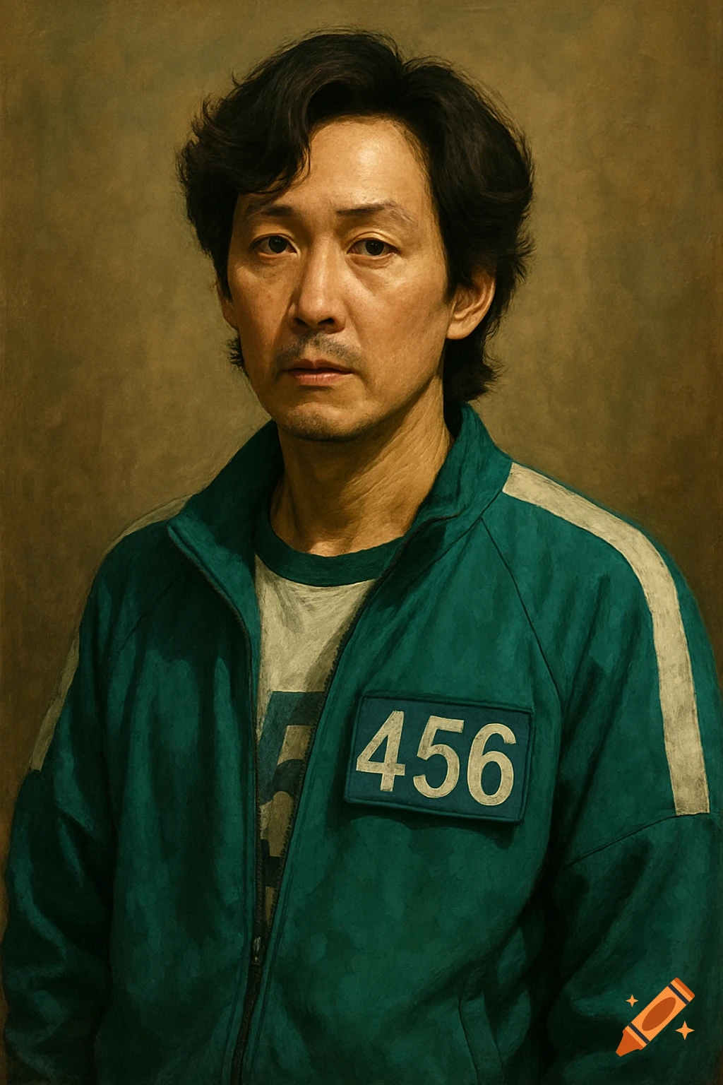 A portrait painting of a man in a teal tracksuit jacket with the number 456 on a patch.