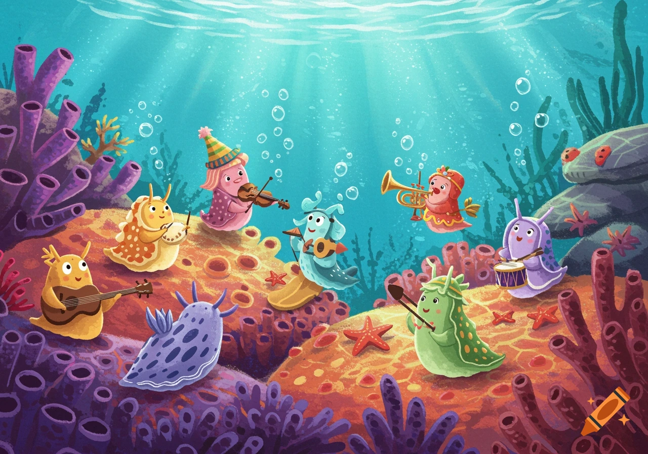Cartoon sea slugs play music underwater among coral and sea sponges.